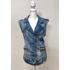 Guess Denim Asymmetrical Distressed Zip Vest with Zipper Detail Women’s Size S